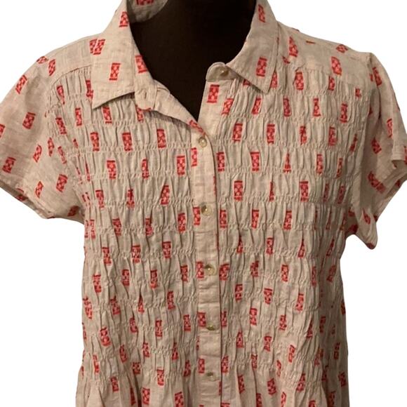 Ivy Jane Button Down Khaki Red 100% Cotton Short Sleeve Flowy Boho Top Size Med - Picture 4 of 8